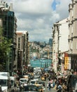 Bustling street in IstanbulÃ¢â¬â¢s lively city-hood with Bosporus in